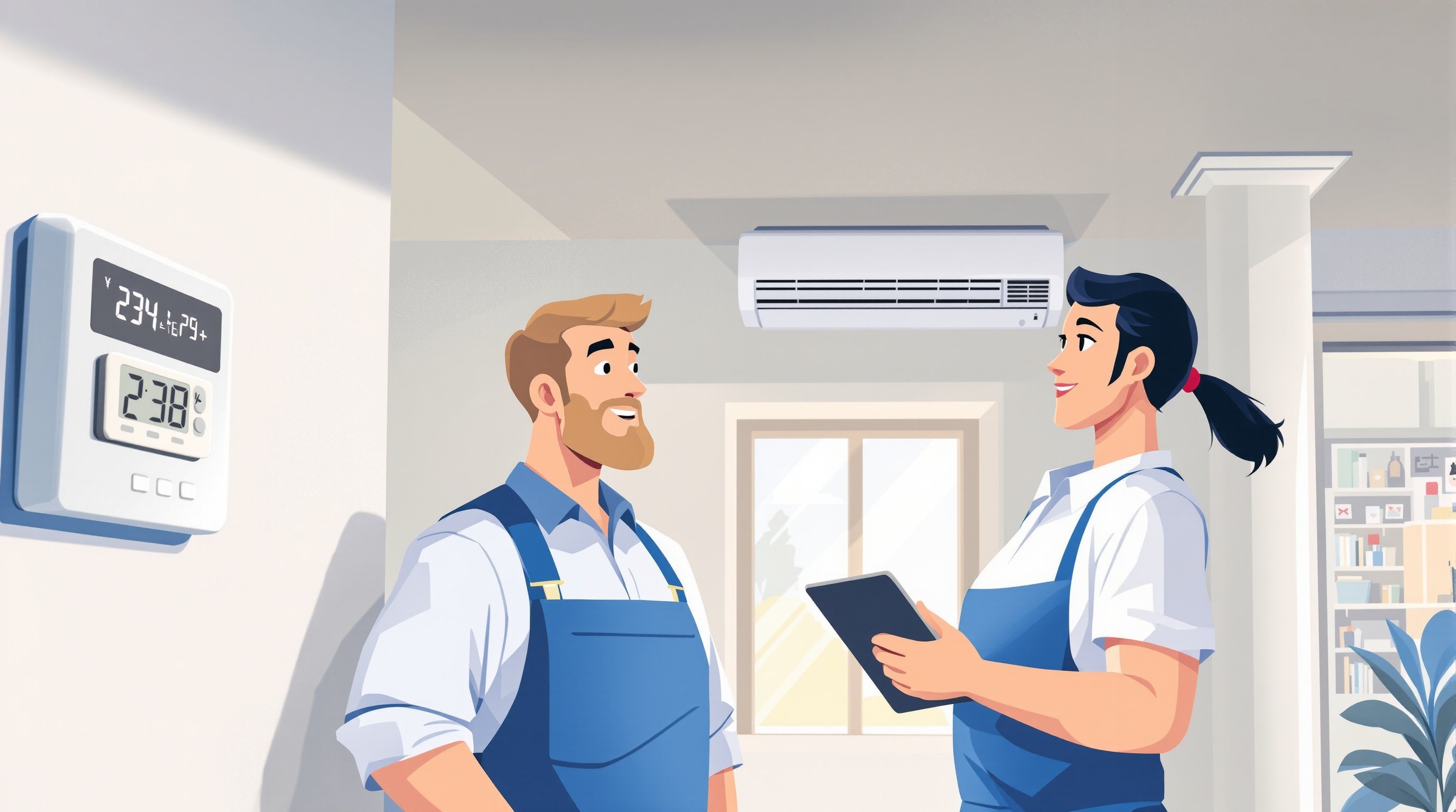 Homeowner hiring qualified HVAC professional for heating and cooling services